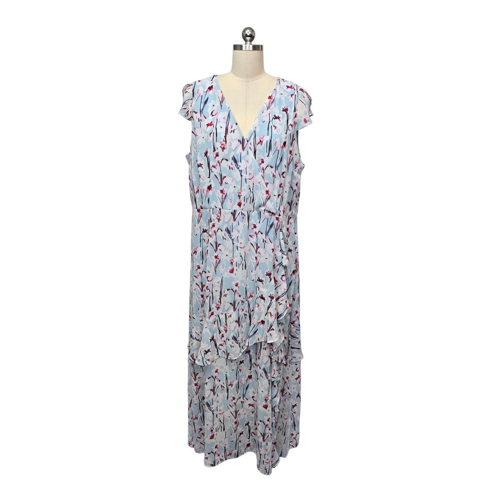 Haute Hippie Tribe Womens Blue‎ Floral Ruffle Maxi Dress Size XL Flutter Sleeve